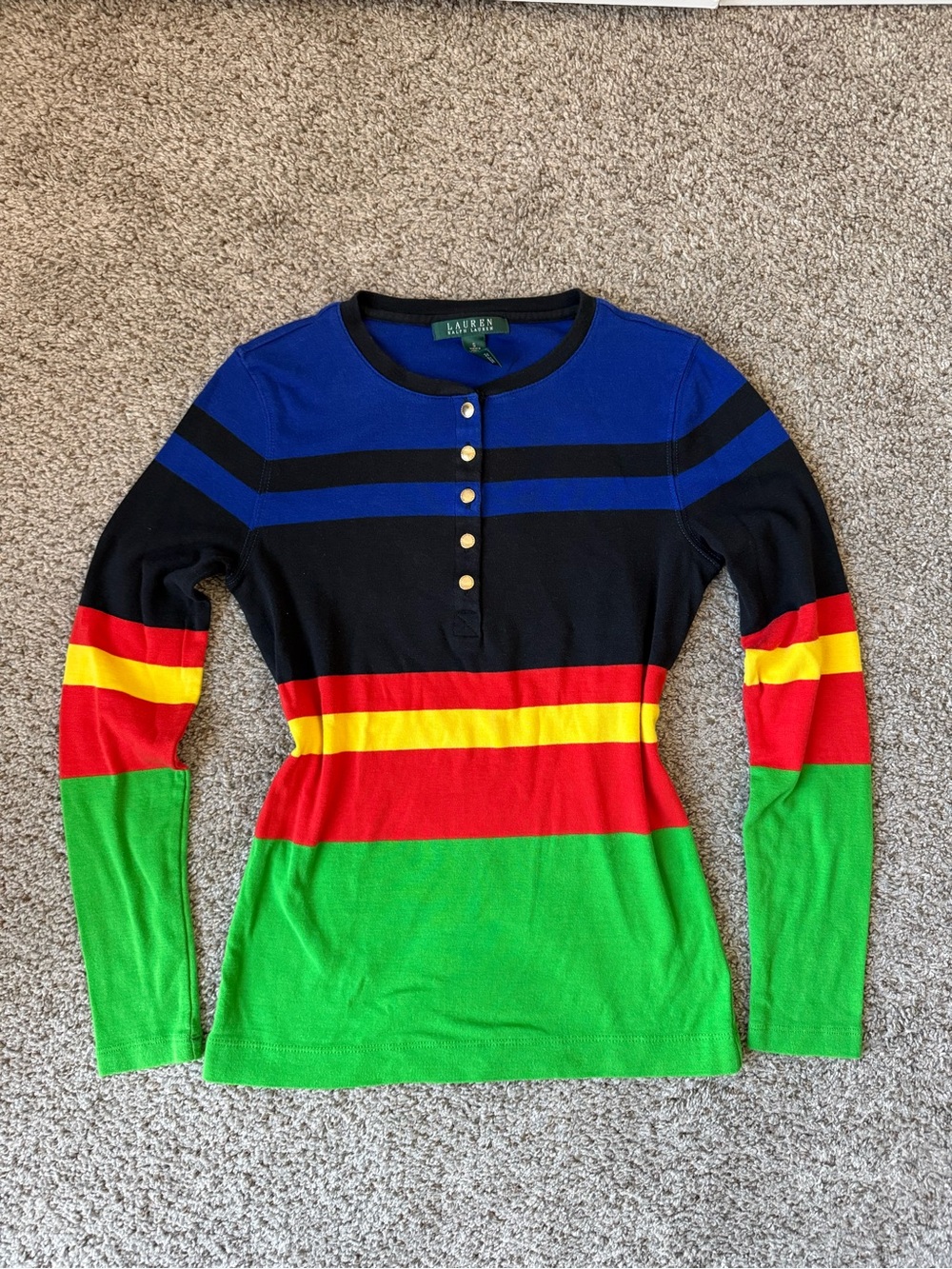 Vintage 1990s Lauren Ralph Lauren Striped Long Sleeve Henley Top Size Small